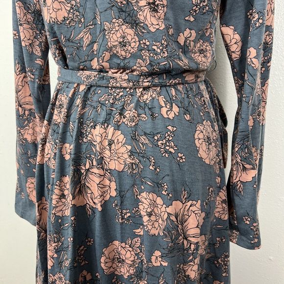 Moosungeek Dress Women Large Blue Floral All Over Print Long Sleeve Surplice - Picture 14 of 15